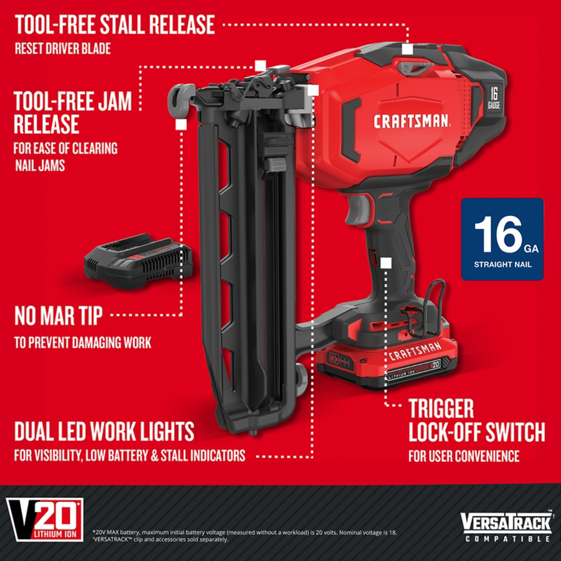 Cordless Finish Nailer, Craftsman, V20, 16 ga, Battery & Charger Included - 2