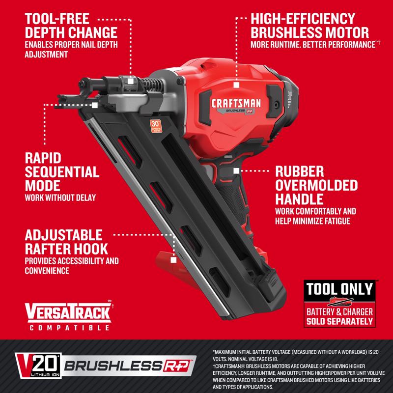 Cordless Framing Nailer, Craftsman, V20, Brushless RP, 30 Degree, Tool Only - 2