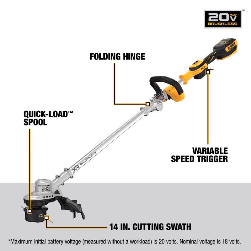 String Trimmer, Dewalt, 20V MAX, Cordless, 14 in, QuickLoad Spool, Tool Only - 2