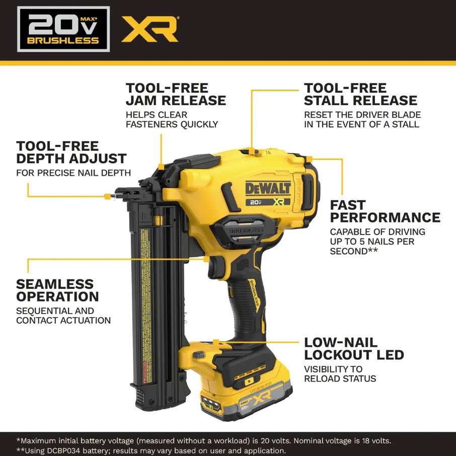 Brad Nailer Kit, Dewalt, 20V Max XR, Cordless, 18 ga, Battery & Charger Included - 2