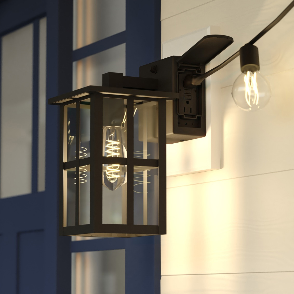Exterior Wall Lantern, Vaxcel, Maywood, Integrated GFCI Outlet, Dusk-to-Dawn, 11-1/2 in H, Matte Black - 2
