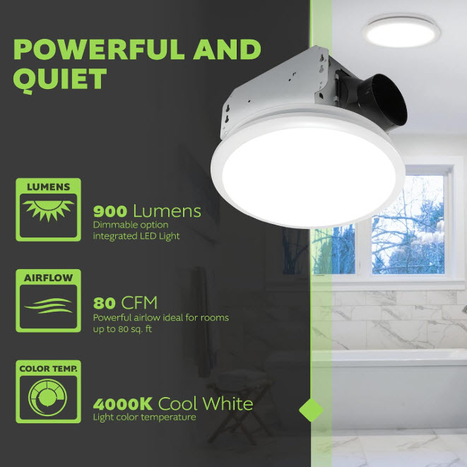 Bath Fan/Light, Homewerks, Integrated LED, 900 Lumens, 80 CFM, 1.1 Sones, White - 2