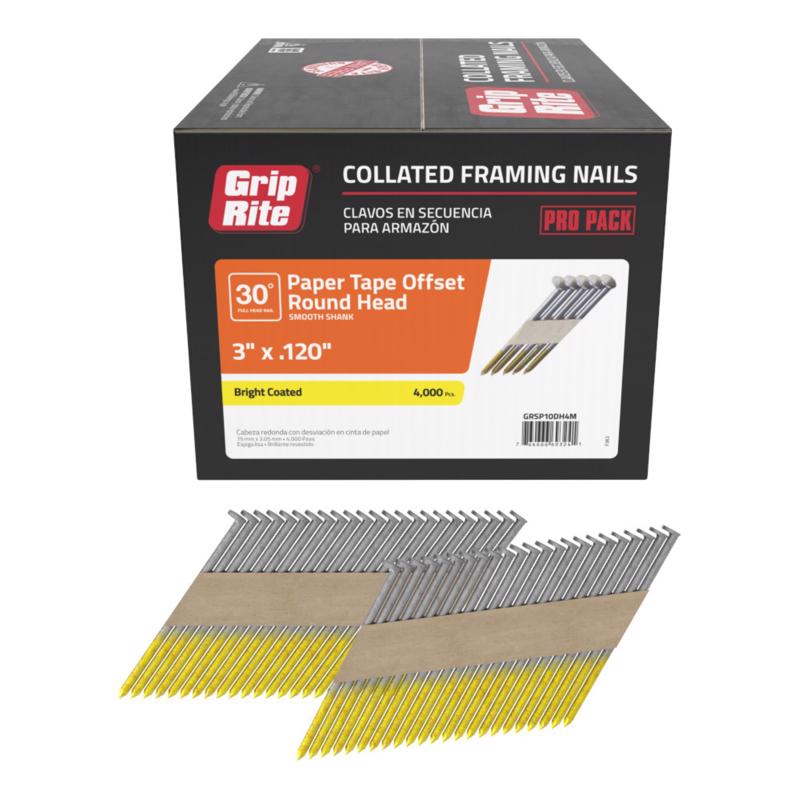 Framing Nail Strips, Grip-Rite, Angled, 3 in x 12 ga, Bright, 4000 pk - 2