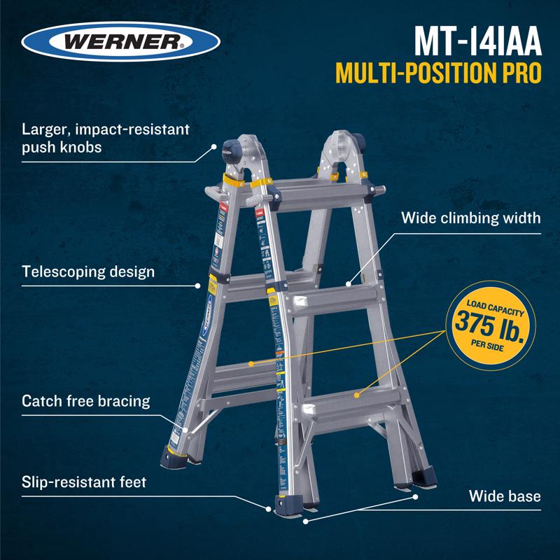 Multi-Position Ladder, Werner, 14 ft Max Reach H, 12-Step, 375 lb, Type IAA Duty Rating - 5