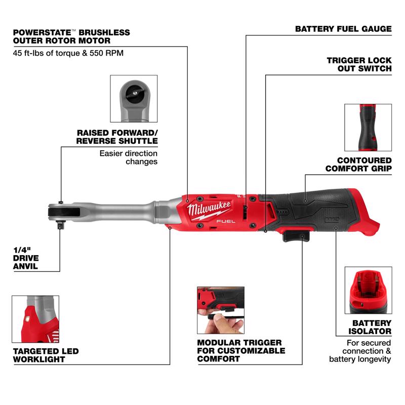 Extended Reach Ratchet, Milwaukee, M12, 1/4 in Head Profile, Tool Only - 2
