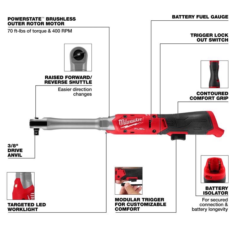 Extended Reach Ratchet, Milwaukee, M12, 3/8 in Head Profile, Tool Only - 2