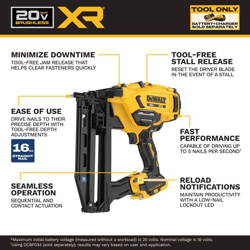 Cordless Finish Nailer, DeWALT, 20V Max XR, 16 Gauge - 2