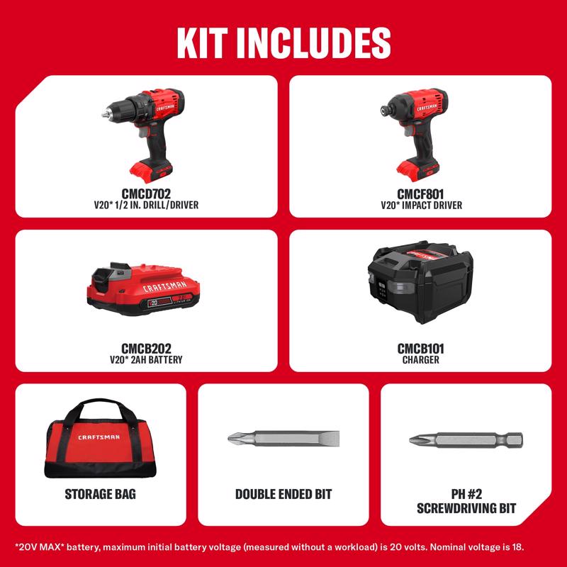 Drill/Driver Kit, Craftsman, 20V, Includes 2 Ah Battery, 2 pk - 2