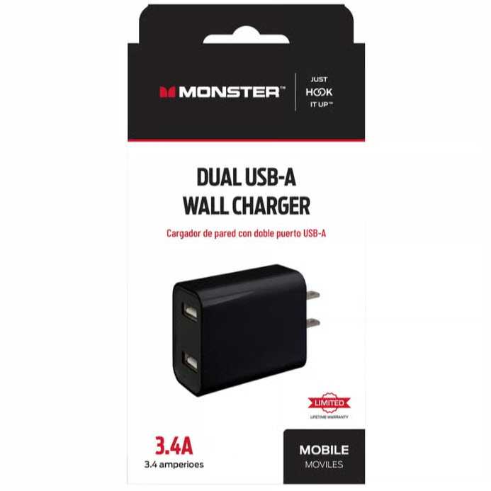 2-Port Wall Charger, Just Hook It Up, USB Plug, Black - 1