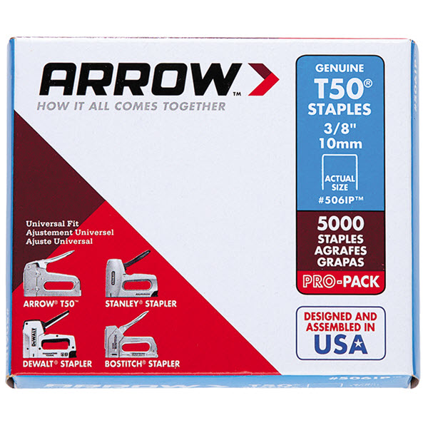 T50 Series Staple, Arrow, For: HT-50A, T50, T55 Stapler, 3/8 in W Crown, 3/8 in L Leg - 1