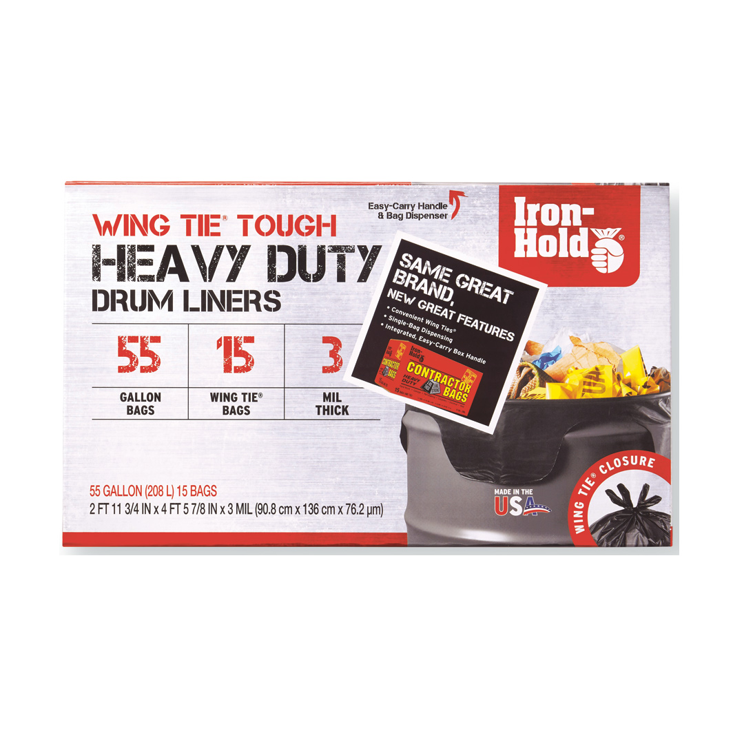 Contractor Bag, Iron Hold, 55 gal Capacity, Plastic, Black, 15 ct - 1