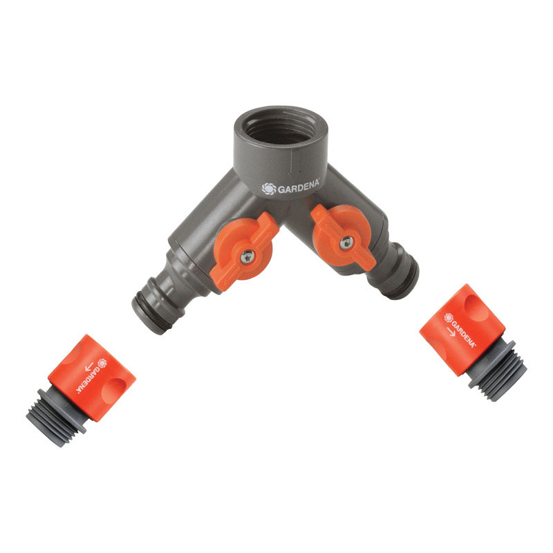 2-Way Hose Connector, Gardena, Shut-Off Valve, 5/8 and 1/2 in, Female, Quick Connect Thread, ABS/Nylon - 1