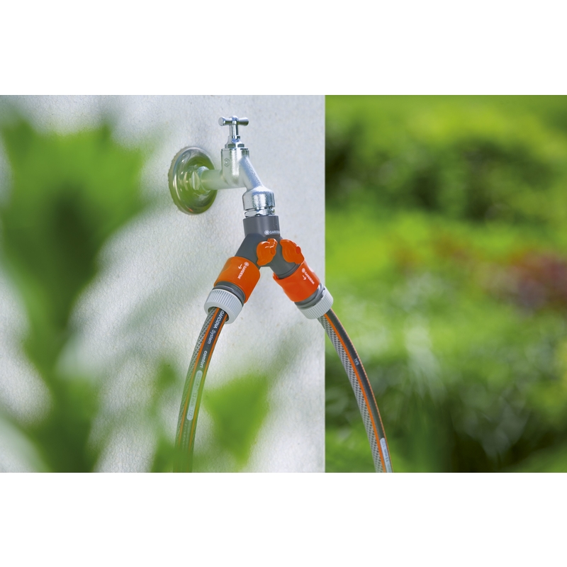 2-Way Hose Connector, Gardena, Shut-Off Valve, 5/8 and 1/2 in, Female, Quick Connect Thread, ABS/Nylon - 2