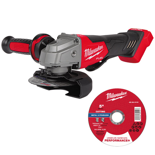 Cordless Grinder, Milwaukee, M18 Fuel, 4-1/2-5 in, Braking Paddle Switch, Includes 5 in Metal Cut-Off Wheel - 1