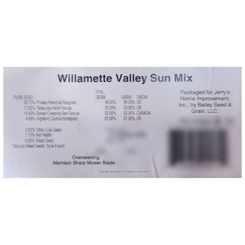 Sun Grass Seed Mix, Willamette Valley, Approx 525 - 1025 sq ft Coverage, 3 lb - 2