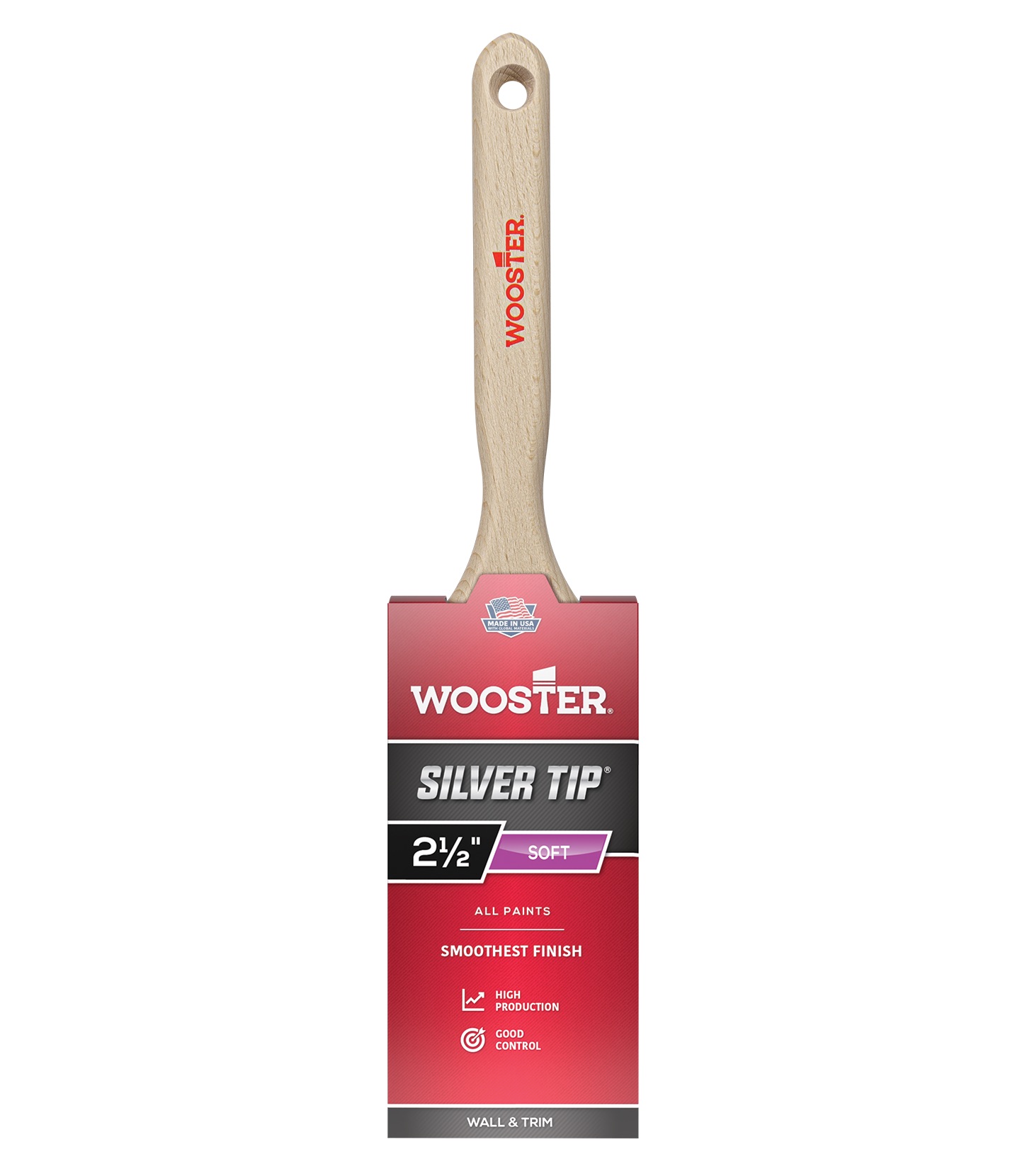5220-2-1/2 Paint Brush, Silver/White, Birchwood Handle, 2-1/2 in W, 2-15/16 in L Bristle, Polyester Bristle