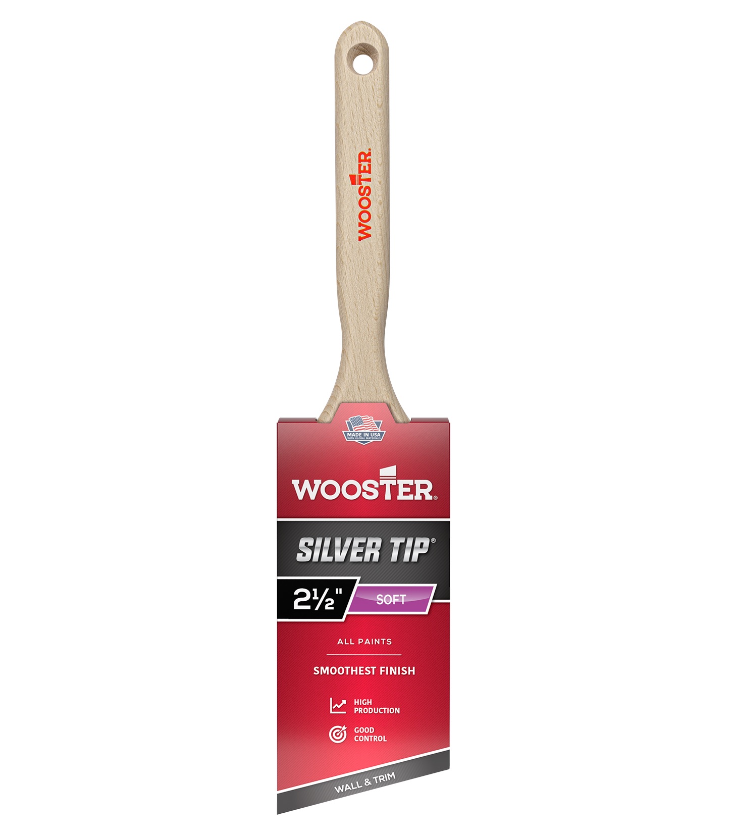 5221-2-1/2 Paint Brush, Silver/White, Birch Hardwood Handle, 2-1/2 in W, 2-15/16 in L Bristle, Polyester Bristle