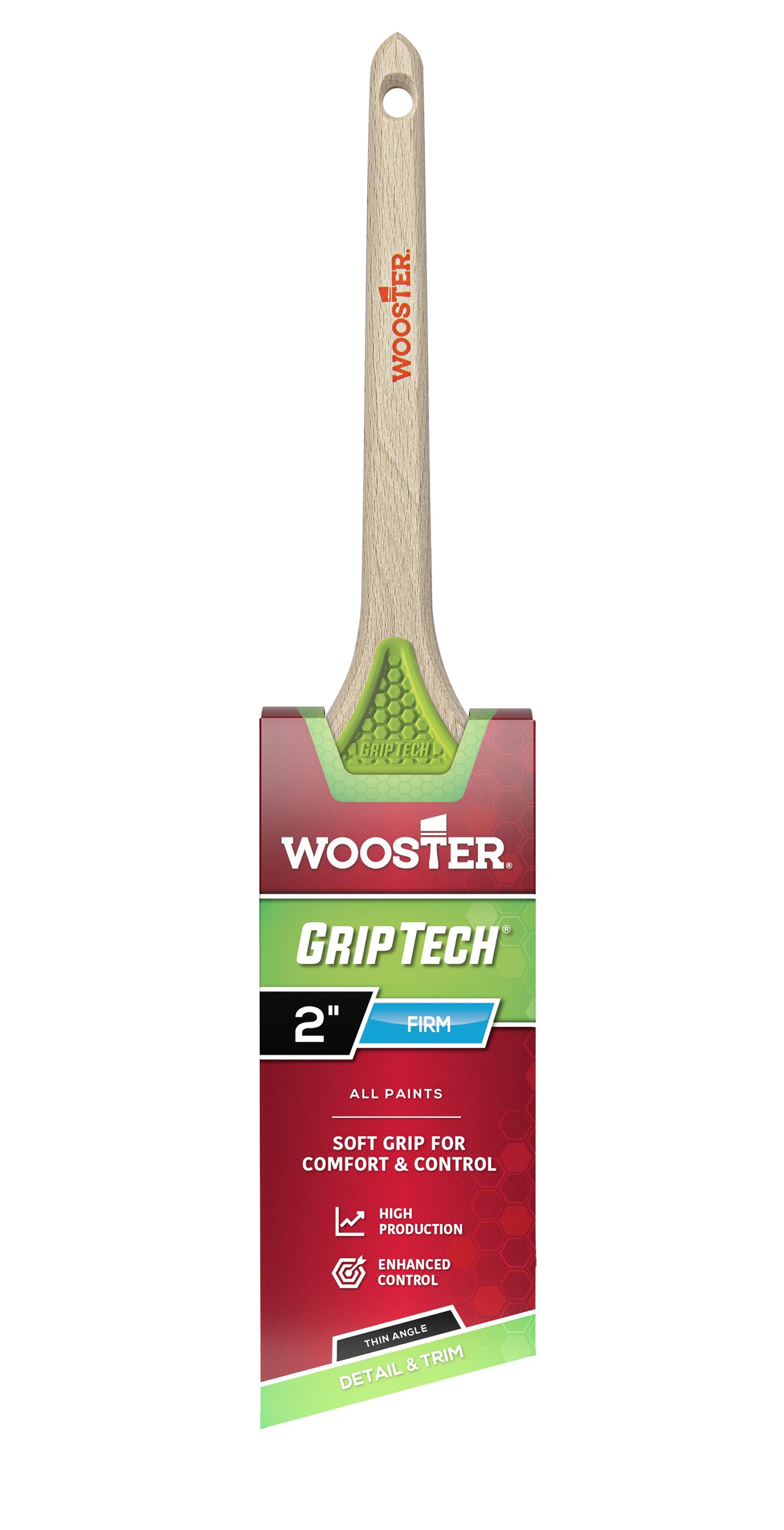 GripTech Series 5400-2 Paint Brush, 2 in W, Thin Angle Brush, 2-7/16 in L Bristle, Polyester Bristle, Wood Handle