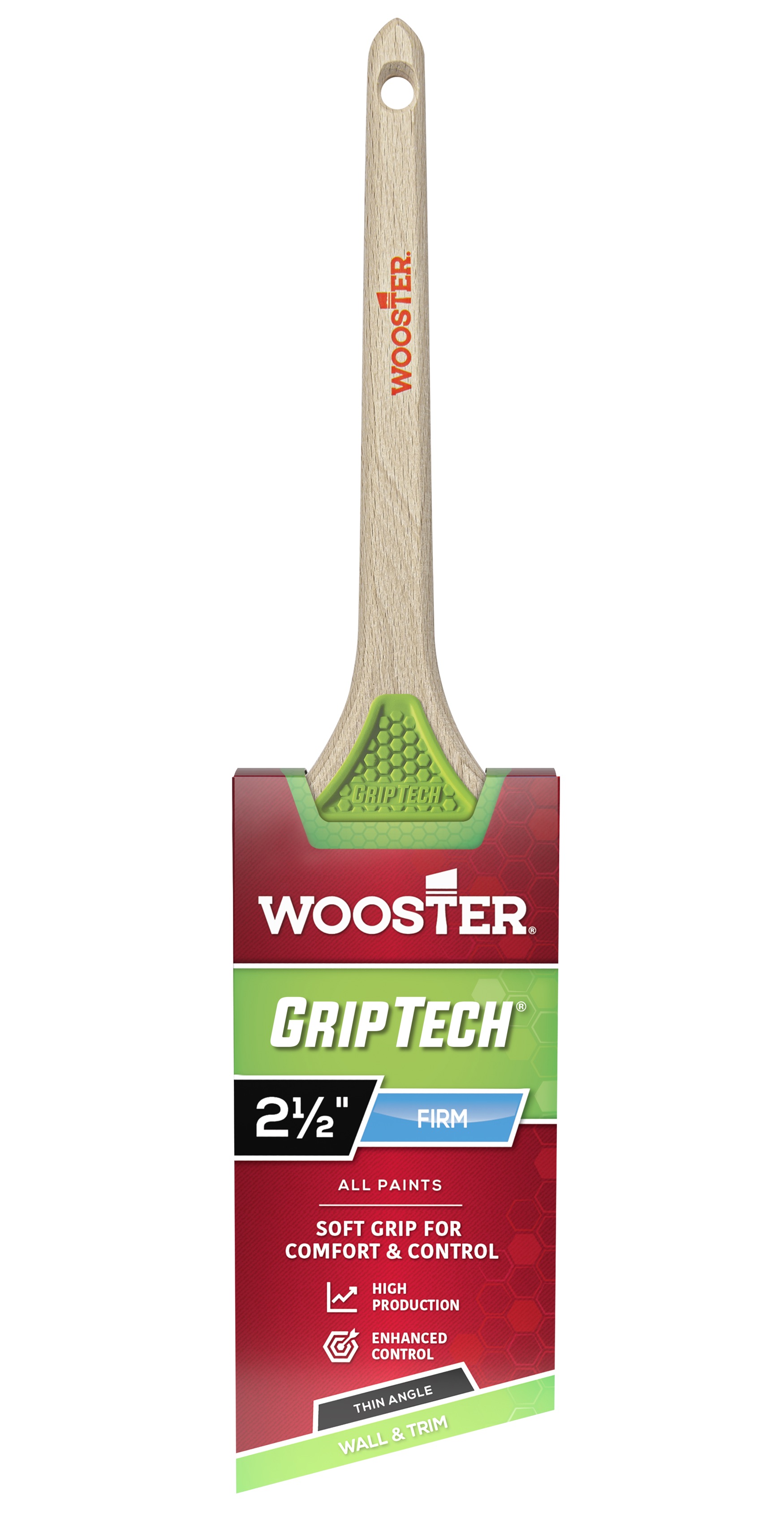 GripTech Series 5400-2.5 Paint Brush, 2-1/2 in W, Thin Angle Brush, 2-11/16 in L Bristle, Polyester Bristle, Wood Handle