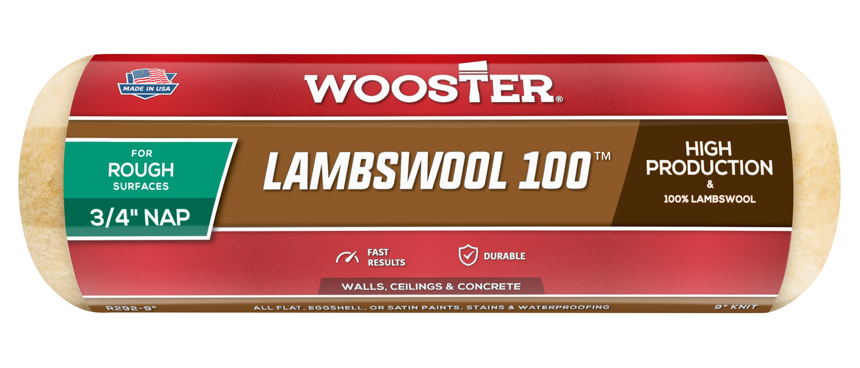 R292-9 Roller Cover, 3/4 in Thick Nap, 9 in L, Knit Lambs Wool Cover, Buff