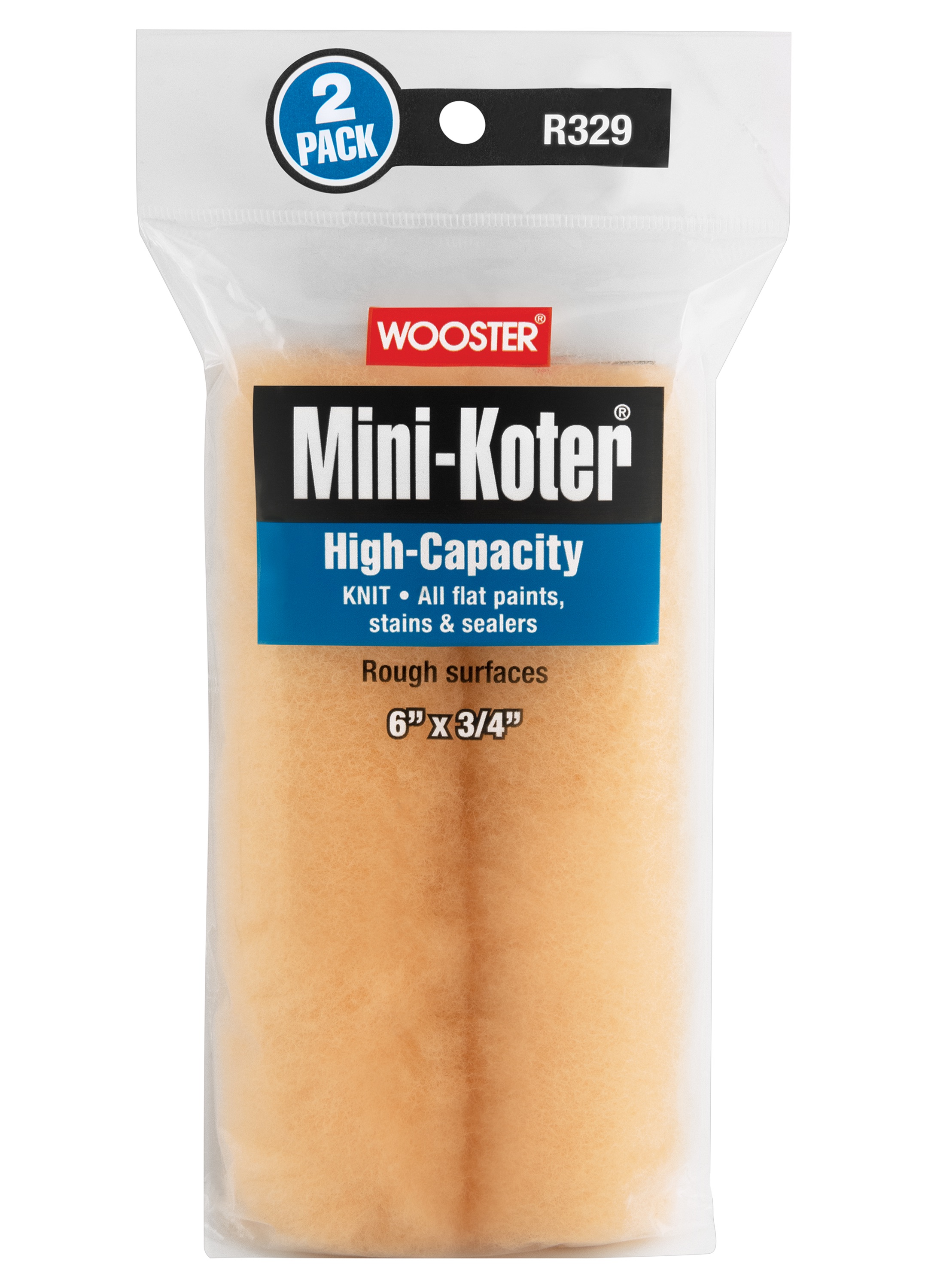 R329-6 Mini Roller Cover, 3/4 in Thick Nap, 6 in L, Fabric Cover, 2/PK