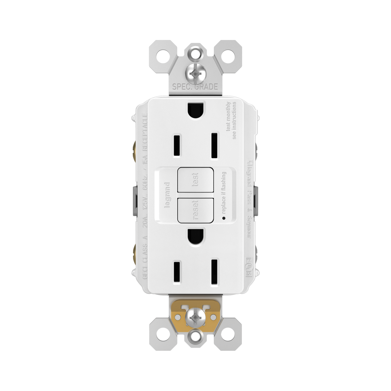 Pass & Seymour radiant Series 1597TRW3PKCC4 GFCI Duplex Receptacle, Nylon, White, 2-Pole, 3-Wire, 125 VAC, NEMA: 5-15R