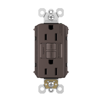 Pass & Seymour radiant Series 1597CCD12 GFCI Duplex Receptacle, Nylon, Brown, 2-Pole, 15 A, 125 VAC, Back, Side Wiring