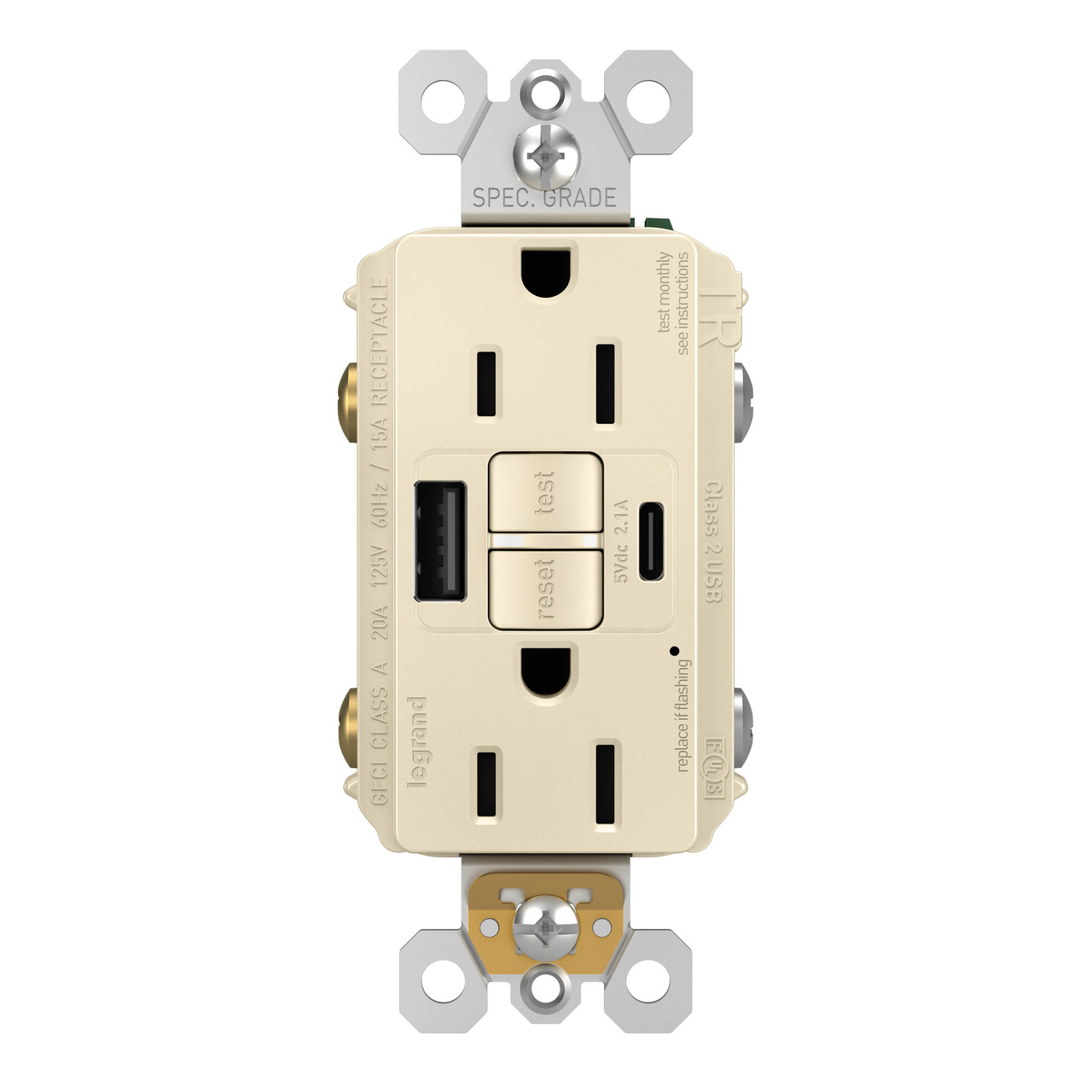 radiant Series 1597TRUSBACLAC4 GFCI Outlet, 125 V, 15 A, Light Almond