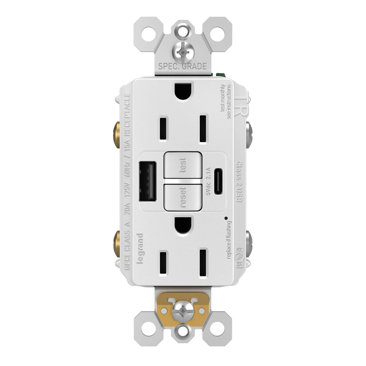 radiant Series 1597TRUSBACWC4 GFCI Outlet, 125 V, 15 A, White