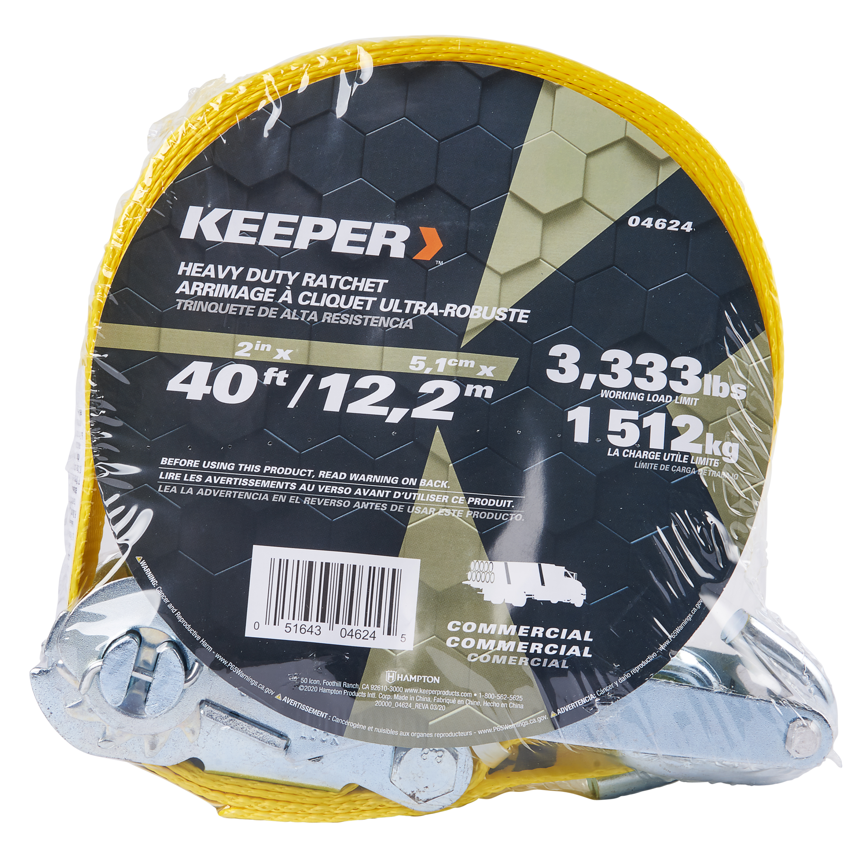 04624 Tie-Down, 2 in W, 40 ft L, Polyester, Yellow, 3333 lb, J-Hook End Fitting, Steel End Fitting