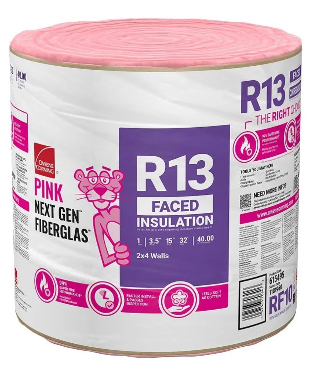 EcoTouch RF10 Insulation Roll, 32 ft L, 15 in W, R13 R-Value, Fiberglass, Pink
