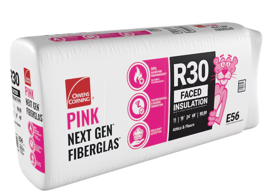 EcoTouch PINK E56 Insulation, 48 in L, 24 in W, 9-1/2 in Thick, 88 sq-ft Coverage Area, R30 R-Value