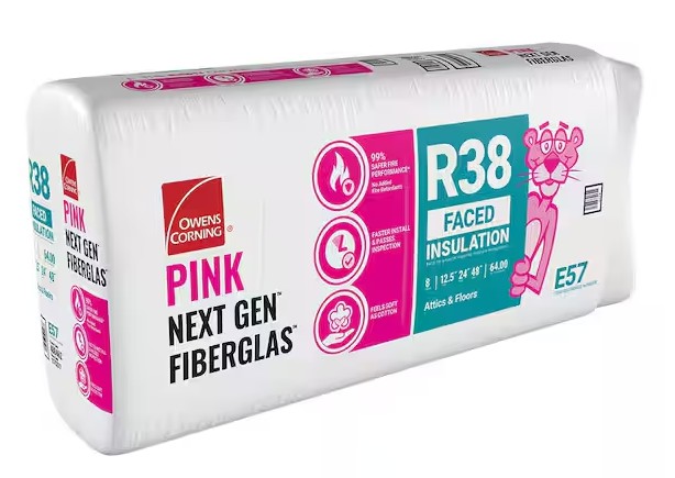 EcoTouch PINK E57 Batt Insulation, 48 in L, 24 in W, 12 in Thick, 64 sq-ft Coverage Area, R38 R-Value