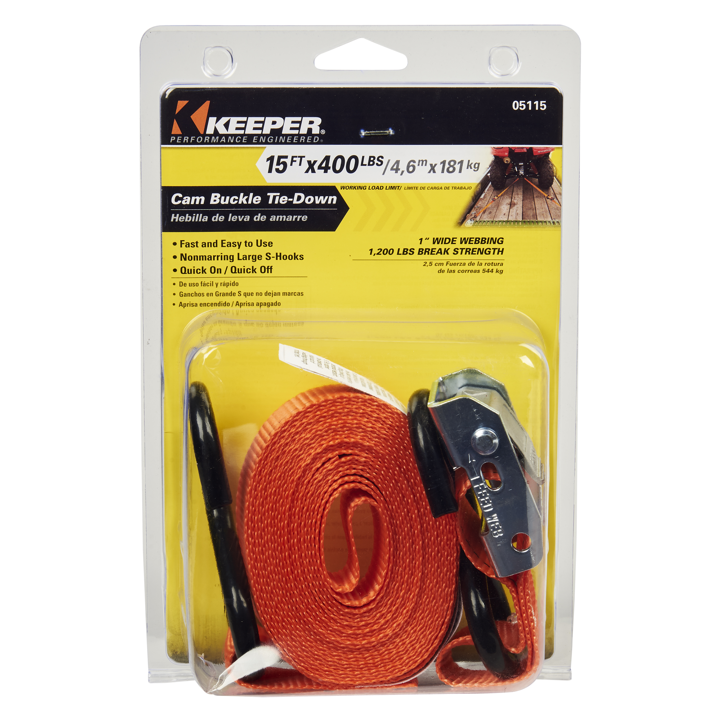 05115 Tie-Down, 1 in W, 15 ft L, Nylon, Red, 400 lb, S-Hook End Fitting