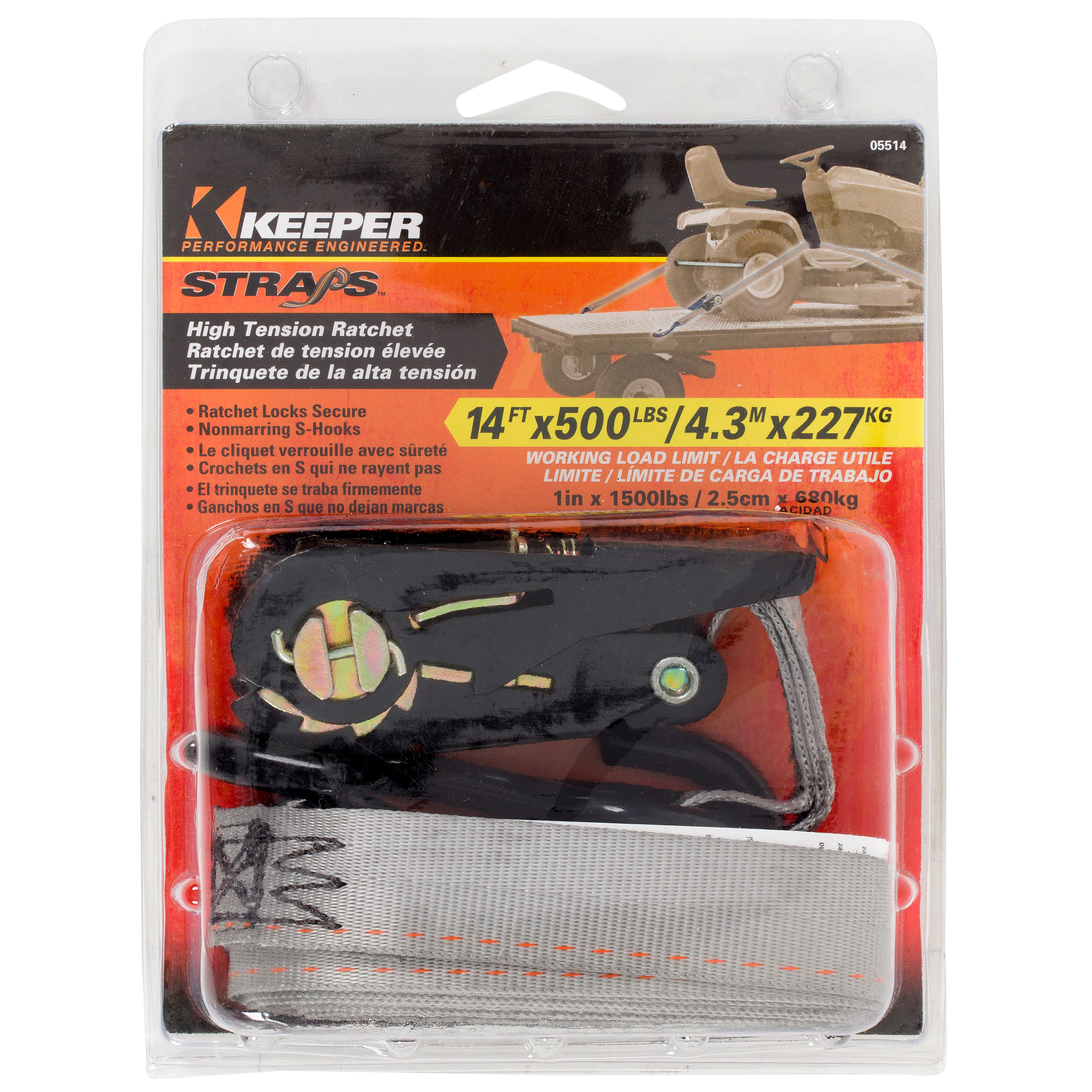 05514 Tie-Down, 1 in W, 14 ft L, Polyester, Gray, 500 lb, S-Hook End Fitting
