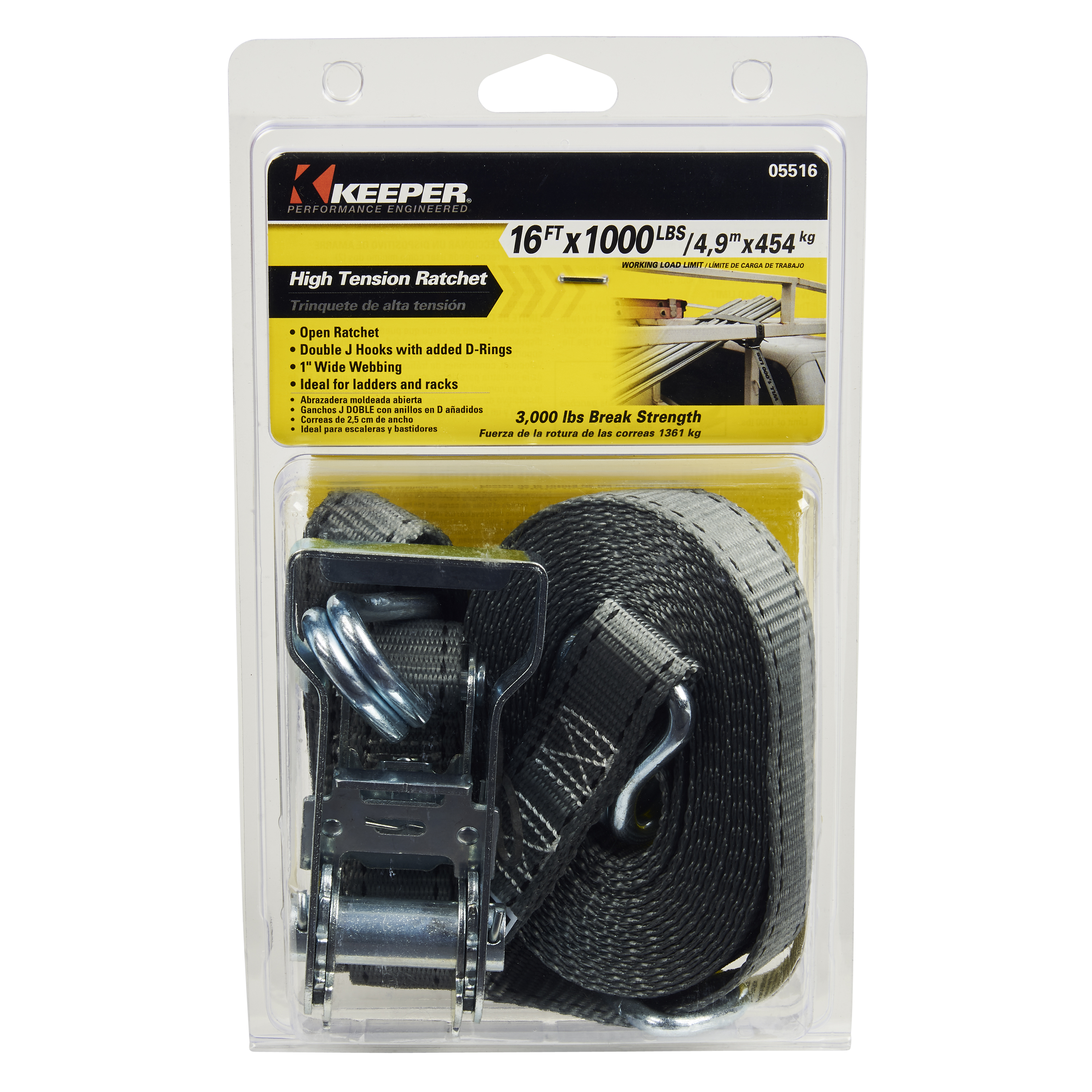 05516 Tie-Down, 1 in W, 16 ft L, 1000 lb, J-Hook End Fitting
