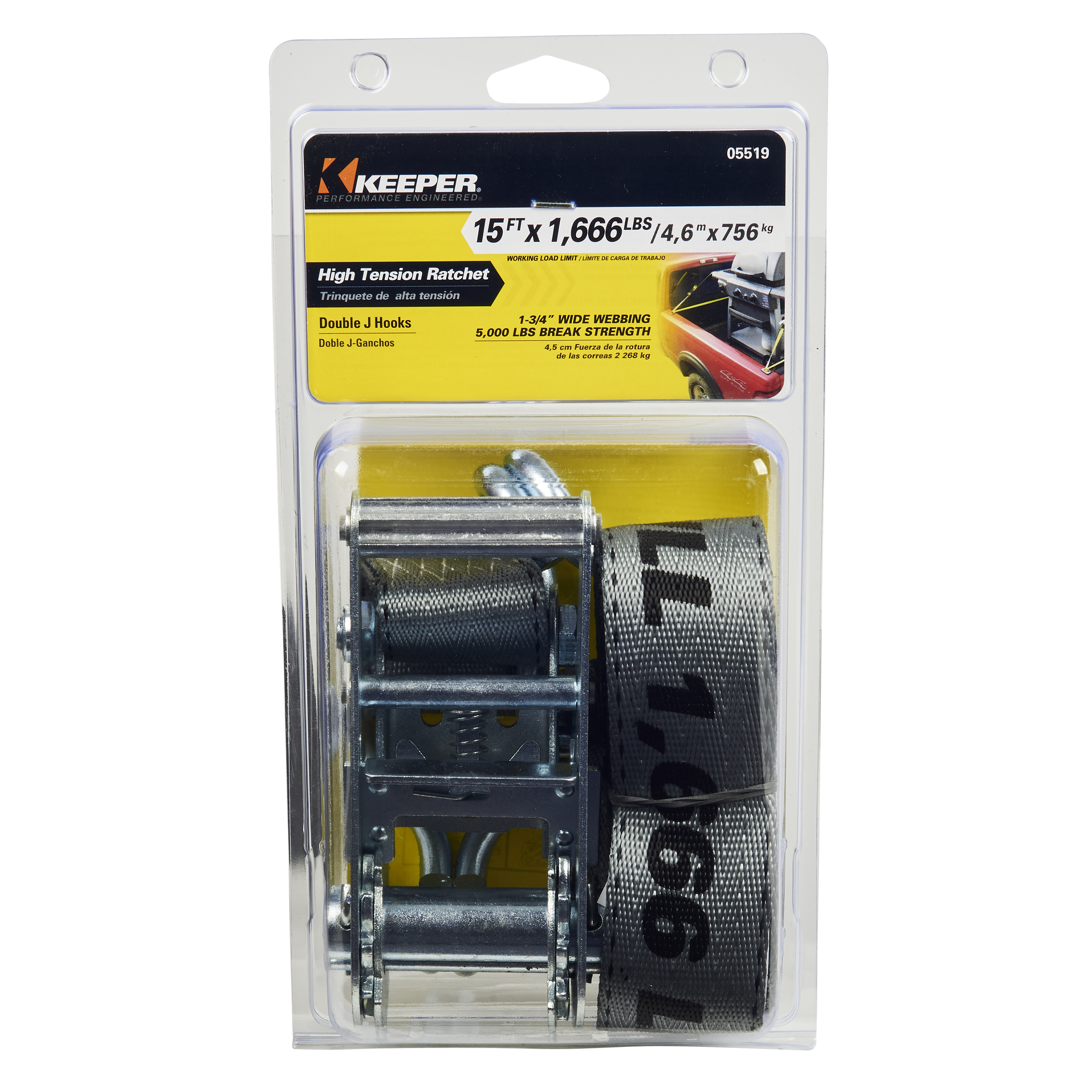 05519 Tie-Down, 1-3/4 in W, 15 ft L, Polyester, Yellow, 1666 lb, J-Hook End Fitting