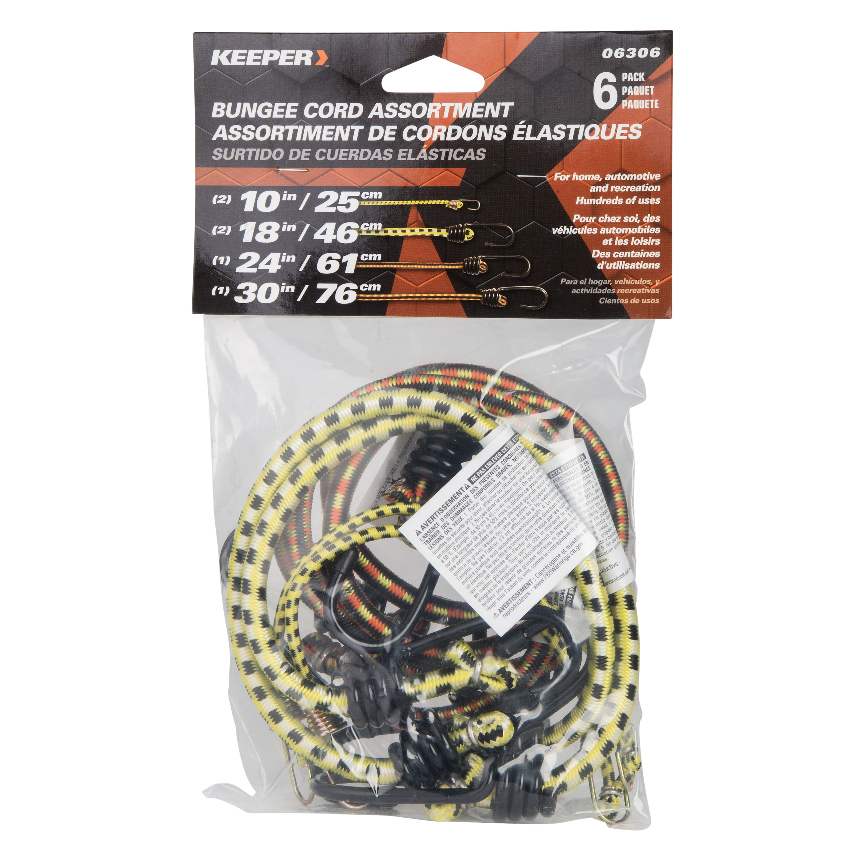 06306 Bungee Cord, Steel End, Rubber, Hook End, 6/PK