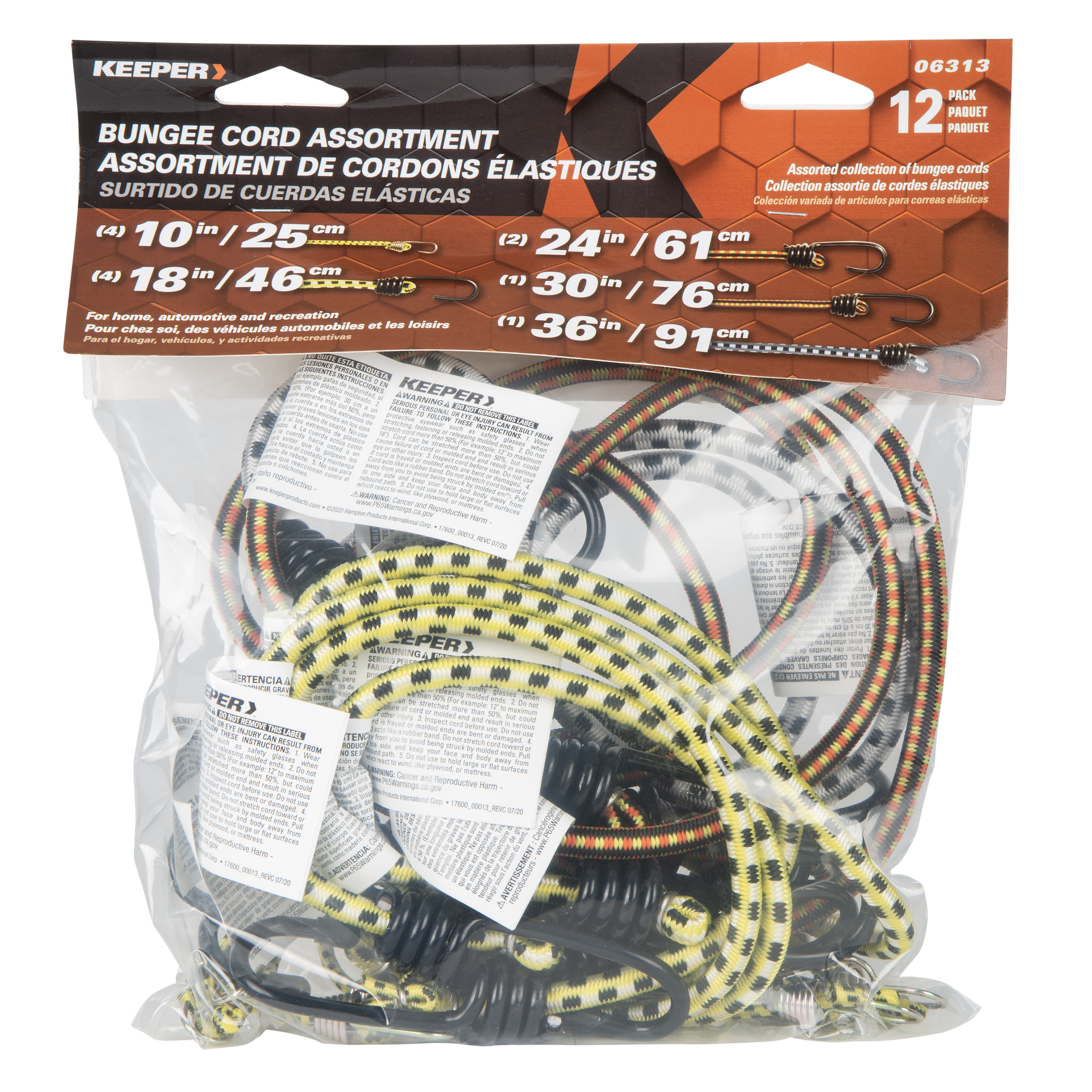 06313 Bungee Cord, Steel End, Rubber, Hook End, 12/PK
