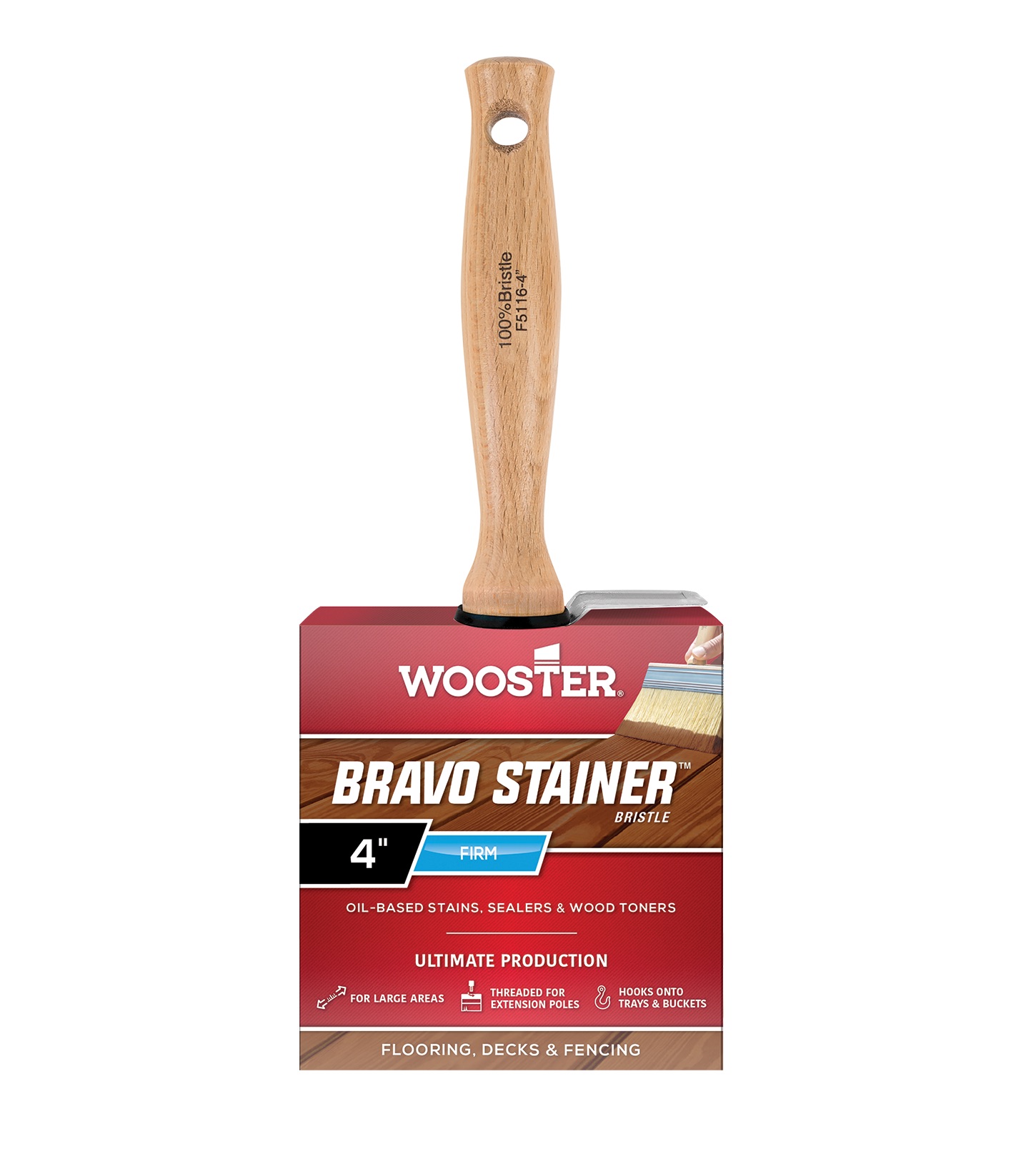 F5116-4 Paint Brush, 4 in W, 2-9/16 in L Bristle, China Bristle, Threaded Handle