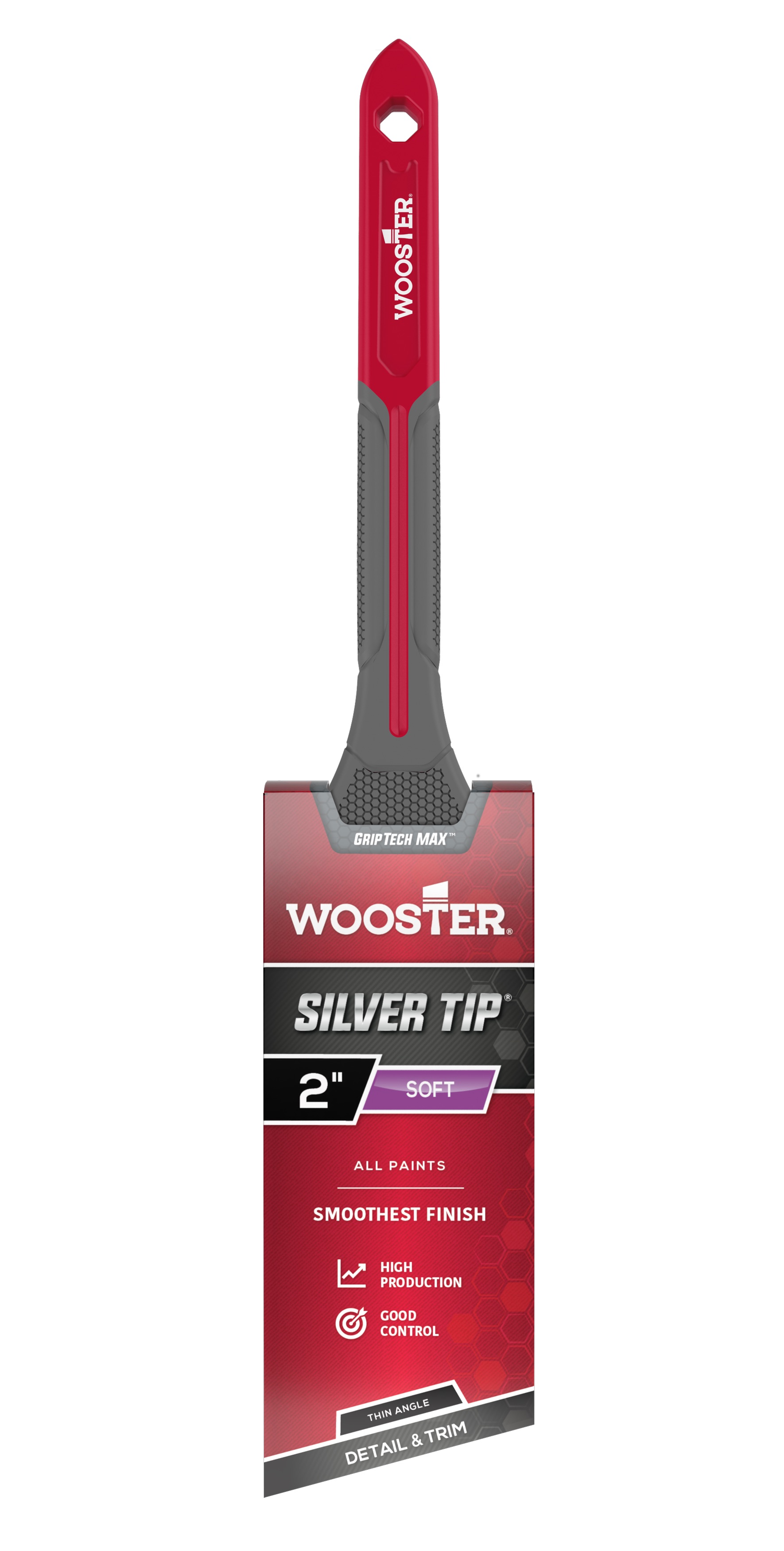 Silver Tip GRIPTECH MAX Series G5224-2 Paint Brush, 2 in W, Thin Angle Brush, 2-5/8 in L Bristle, Rattail Handle