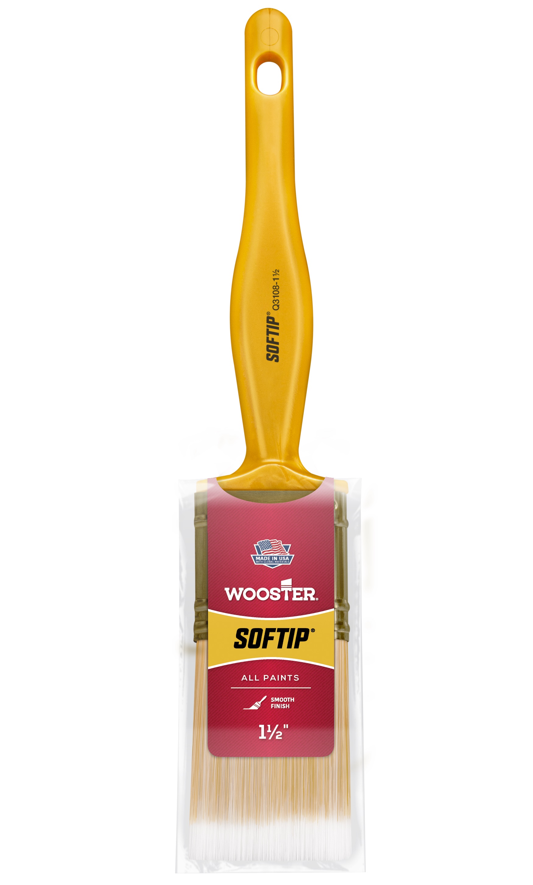 Q3108-1-1/2 Paint Brush, Pearl/White/Yellow, Plastic Handle, 1-1/2 in W, Flat Sash Brush, 2-3/16 in L Bristle