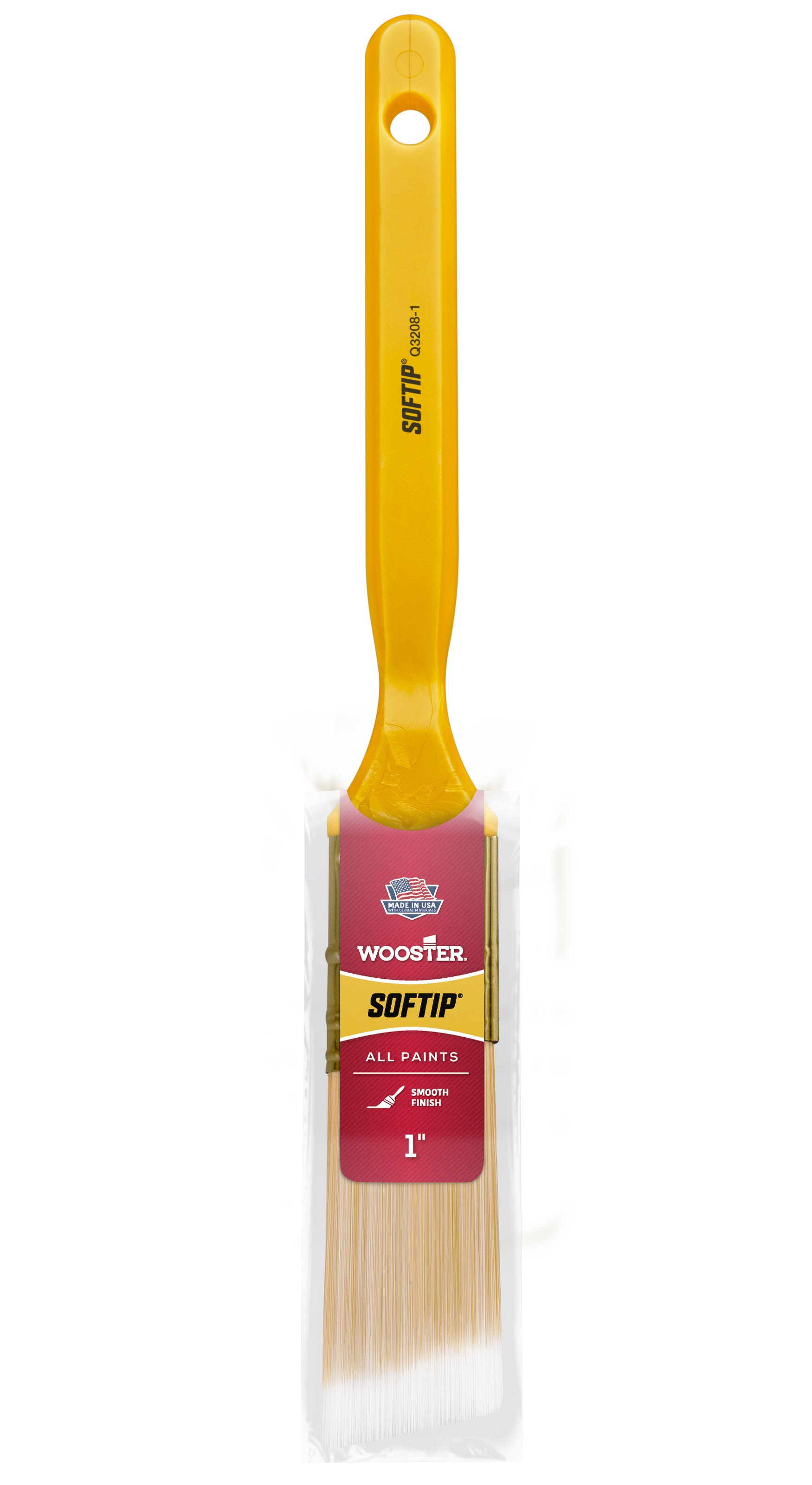 Q3208-1 Paint Brush, Pearl/White/Yellow, Solid Plastic Handle, 1 in W, Angle Brush, 2-3/16 in L Bristle