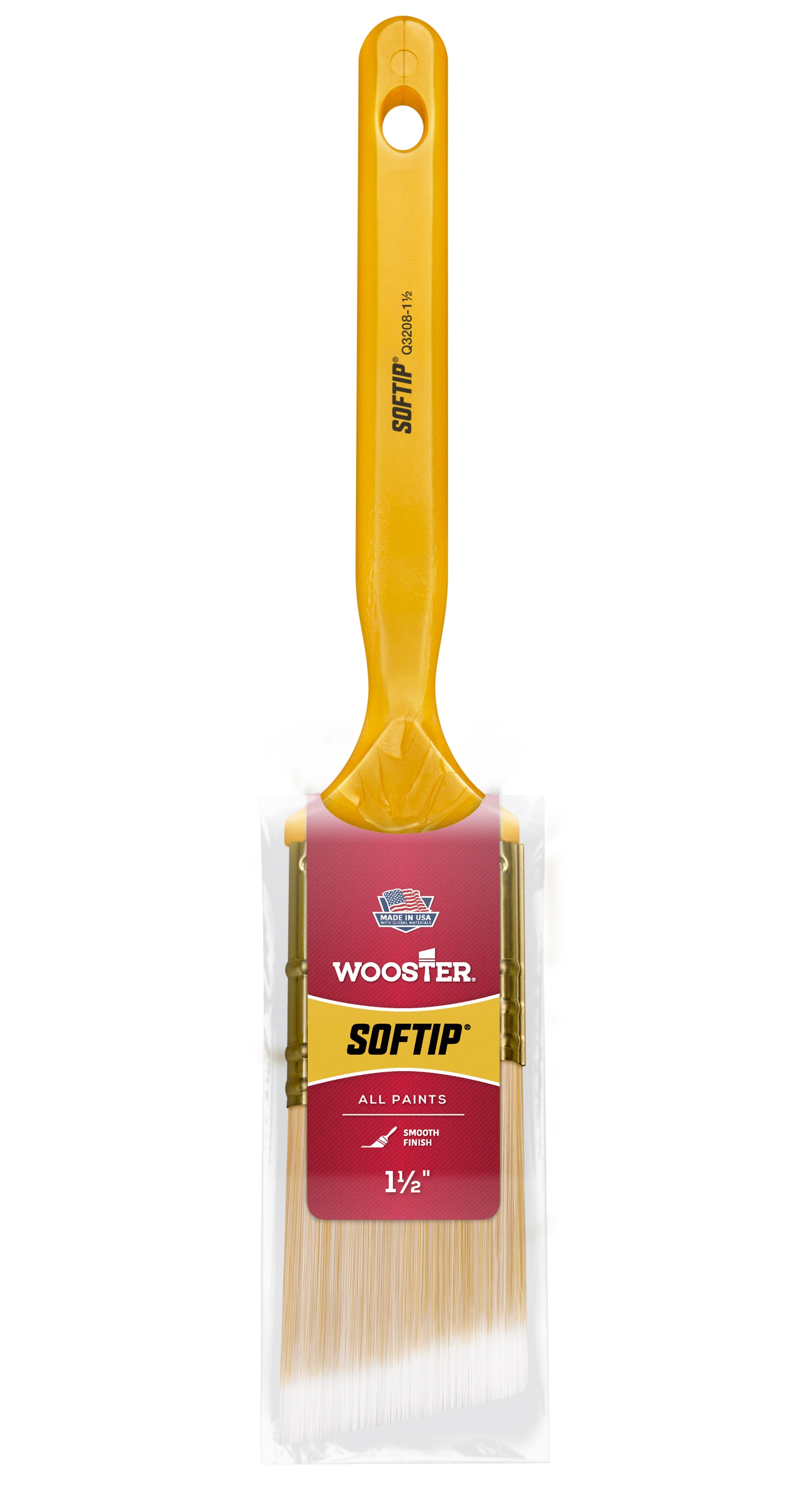 Q3208-1-1/2 Paint Brush, Pearl/White/Yellow, Plastic Handle, 1-1/2 in W, Angle Sash Brush, 2-3/16 in L Bristle