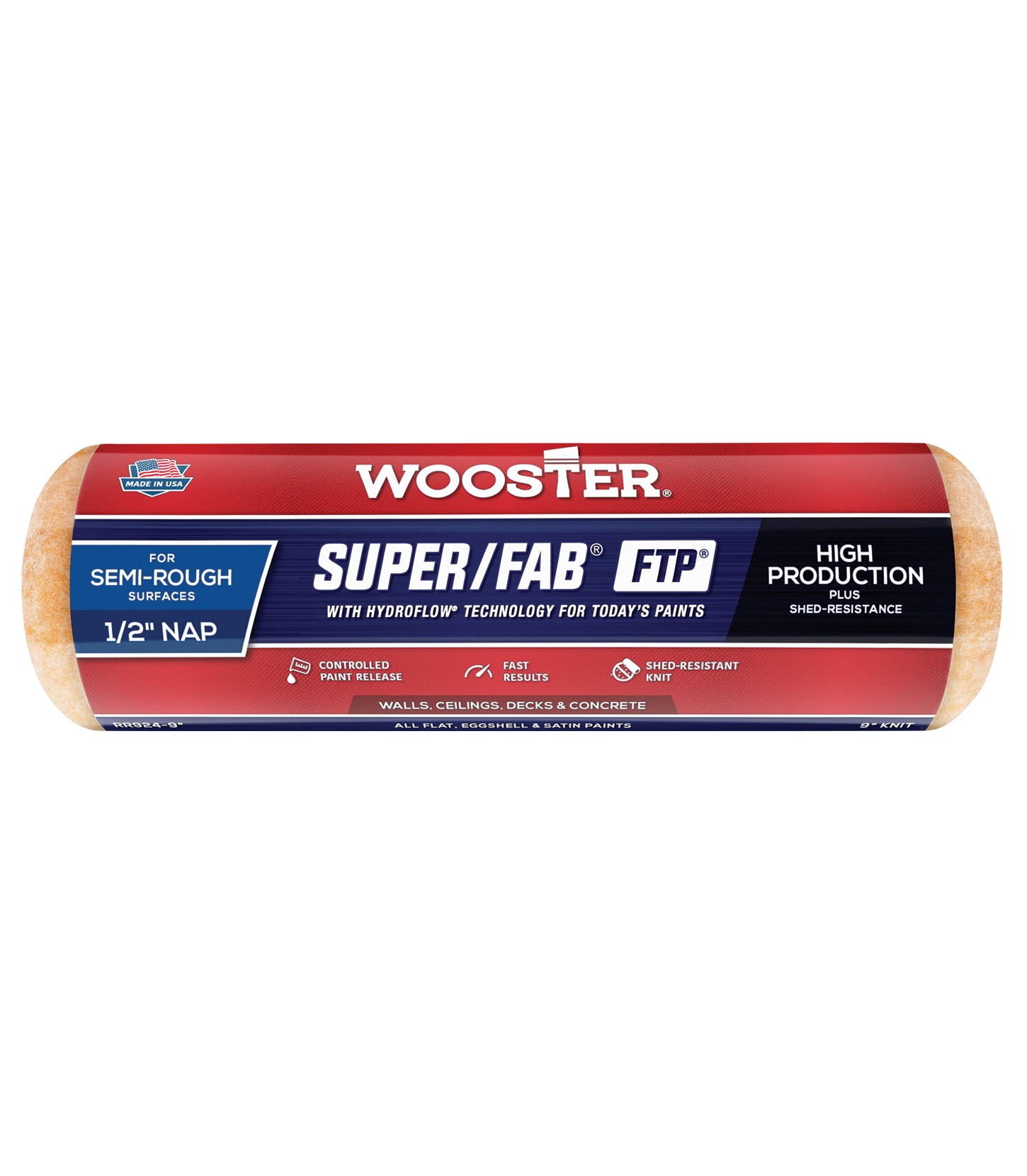 RR924-9 Roller Cover, 1/2 in Thick Nap, 9 in L, Fabric Cover, Lager