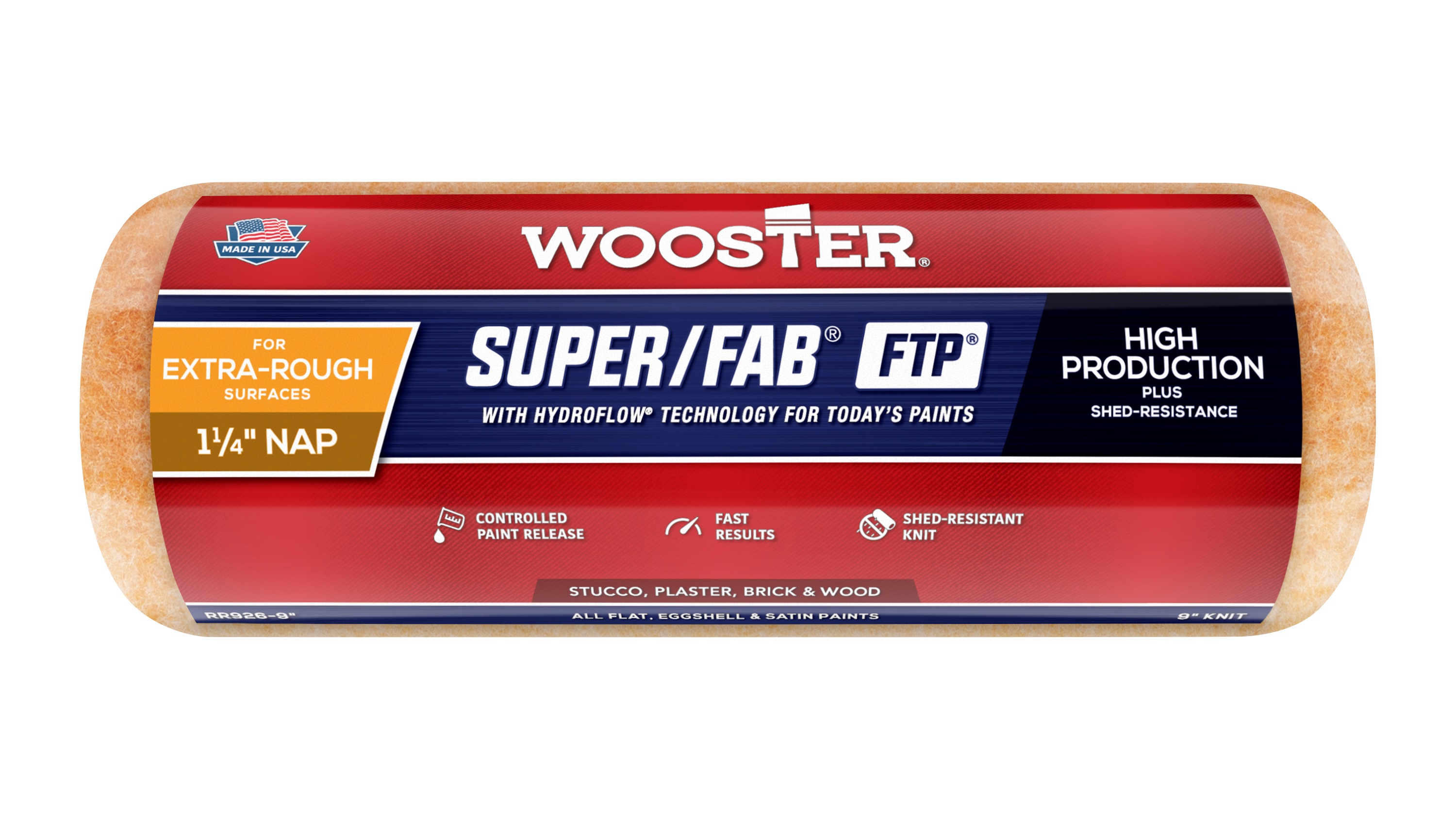 RR926-9 Roller Cover, 1-1/4 in Thick Nap, 9 in L, Fabric Cover, Lager
