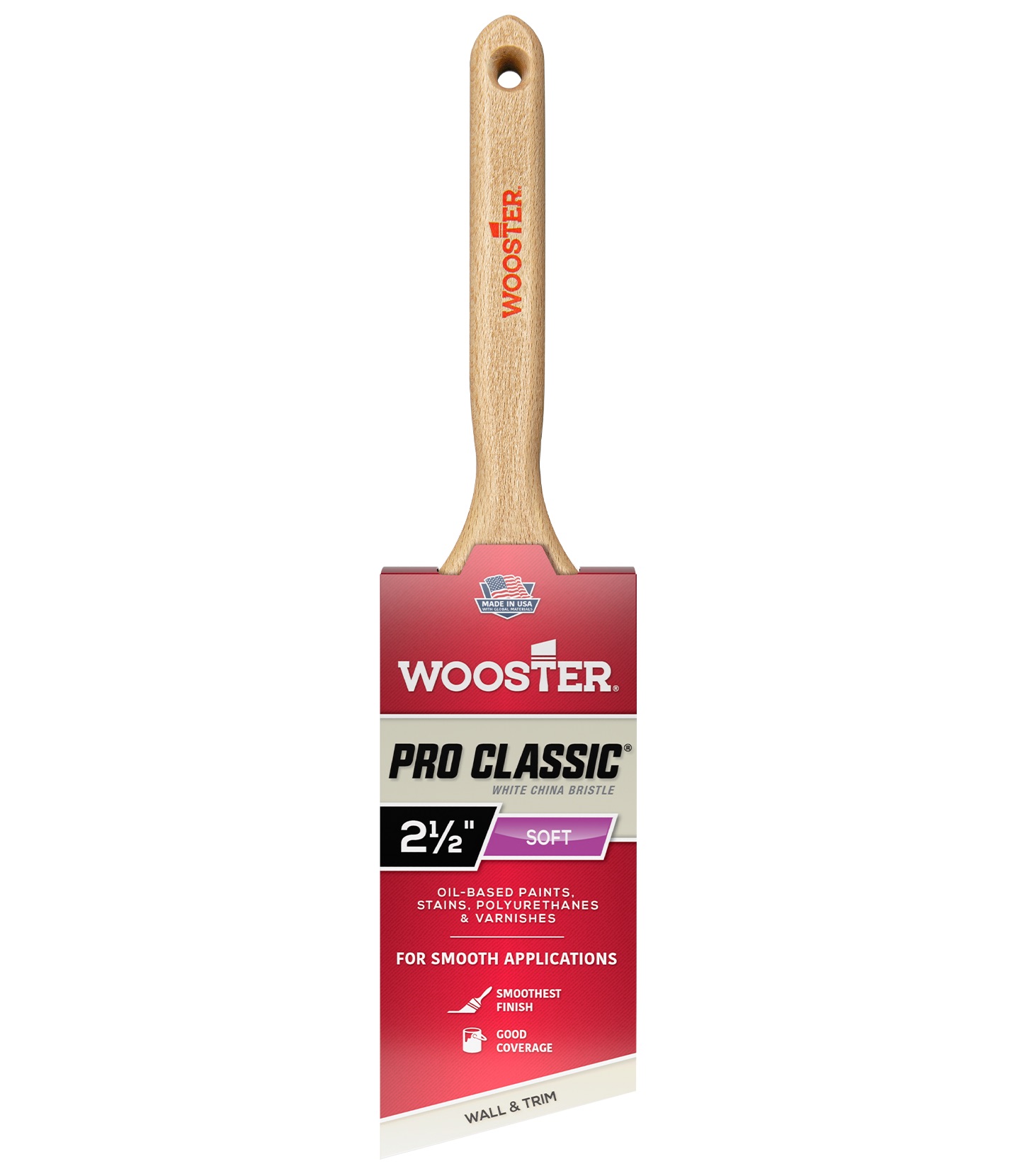 Z1222-2-1/2 Paint Brush, White, Maple Wood Handle, 2-1/2 in W, Angle Brush, 3-3/16 in L Bristle, China Bristle