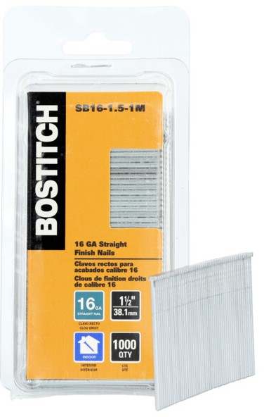 SB16-1.5-1M Finish Nail, 1-1/2 in L, 16 Gauge, Steel, Coated, Round Head, Smooth Shank, 1,000 Count, Straight