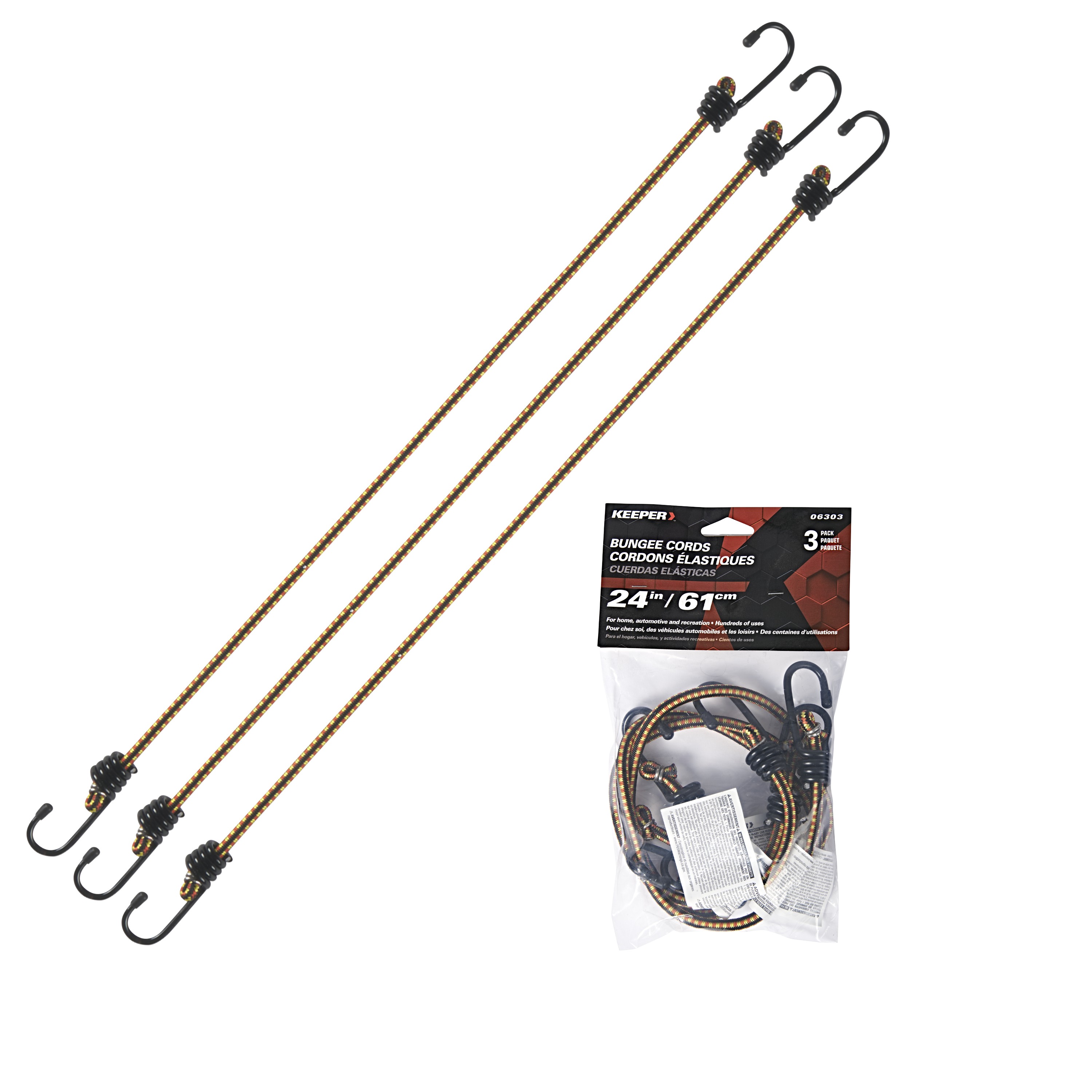 06303 Bungee Cord, Steel End, 24 in L, Rubber, Hook End, 3/PK
