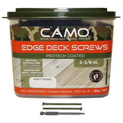 345144 Deck Screw, #7 Thread, 2-3/8 in L, T15 Drive Size, Carbon Steel, Trim Head, Star Drive, Carbon , ProTech-Coated, 700/PK, Green